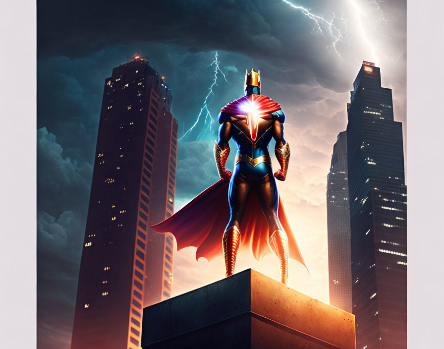 Heroic Figure in Striking Costume Overlooking Cityscape with Lightning