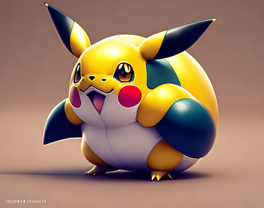 3D Pikachu illustration with exaggerated features on warm background