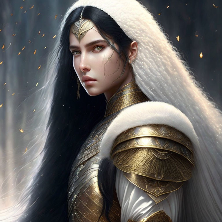 Digital Illustration: Woman in Golden Armor with Black Hair