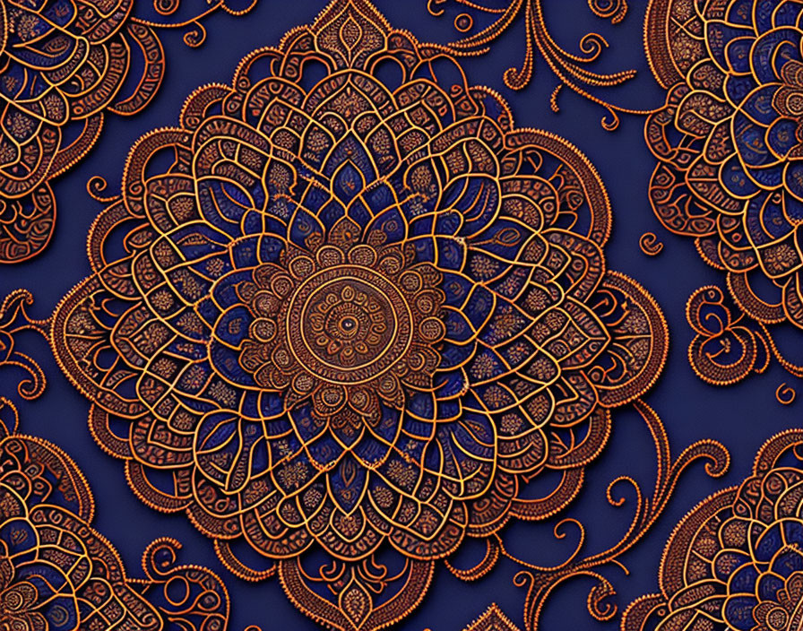 Bronze mandala designs with floral and geometric patterns on deep blue background