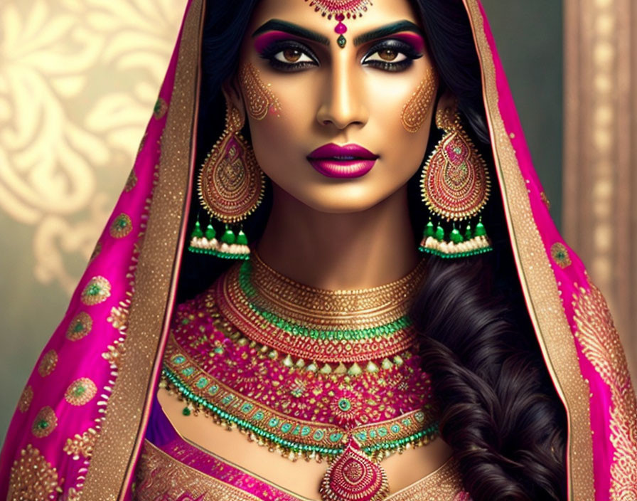 Indian bride in pink saree with gold jewelry and maang tikka