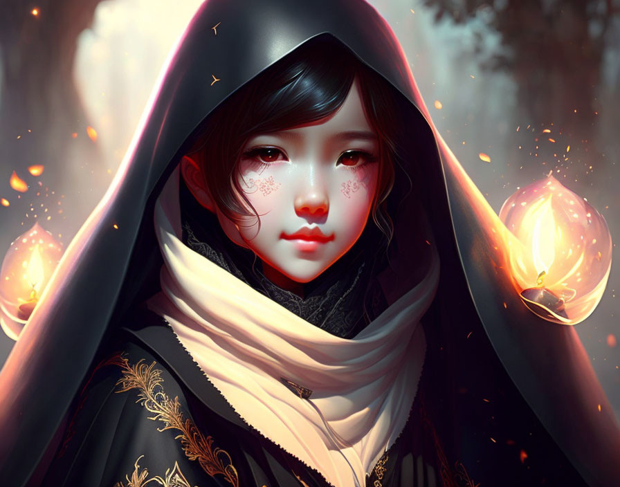 Illustration of girl in hooded cloak with glowing embers and golden embroidery