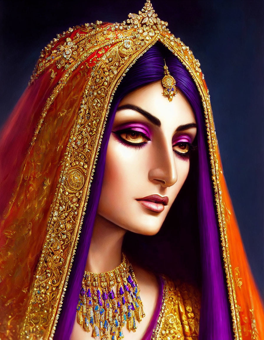 Woman with Purple Skin and Elaborate Gold Jewelry and Headscarf