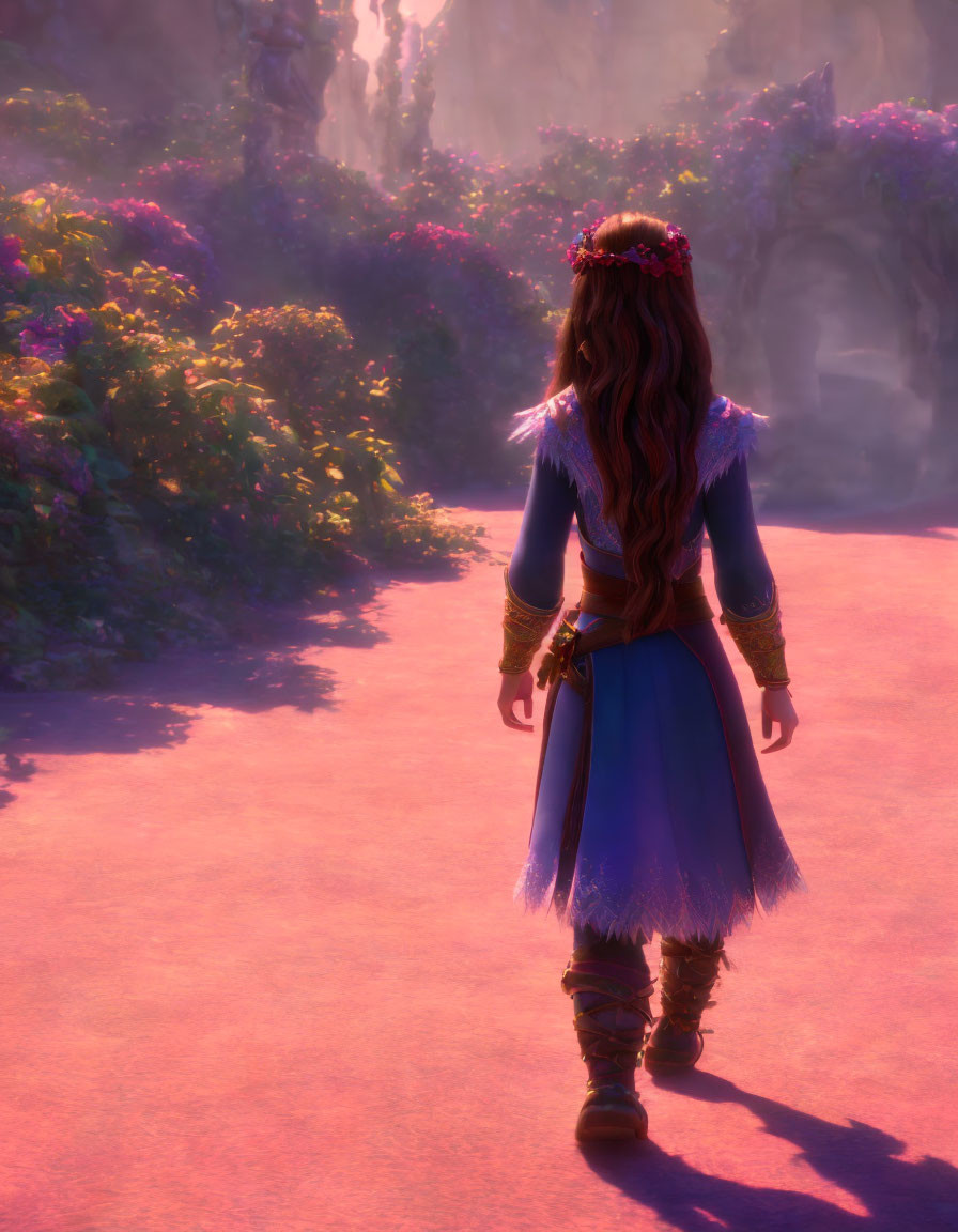 Character in Blue Dress with Flower Crown on Mystical Pathway