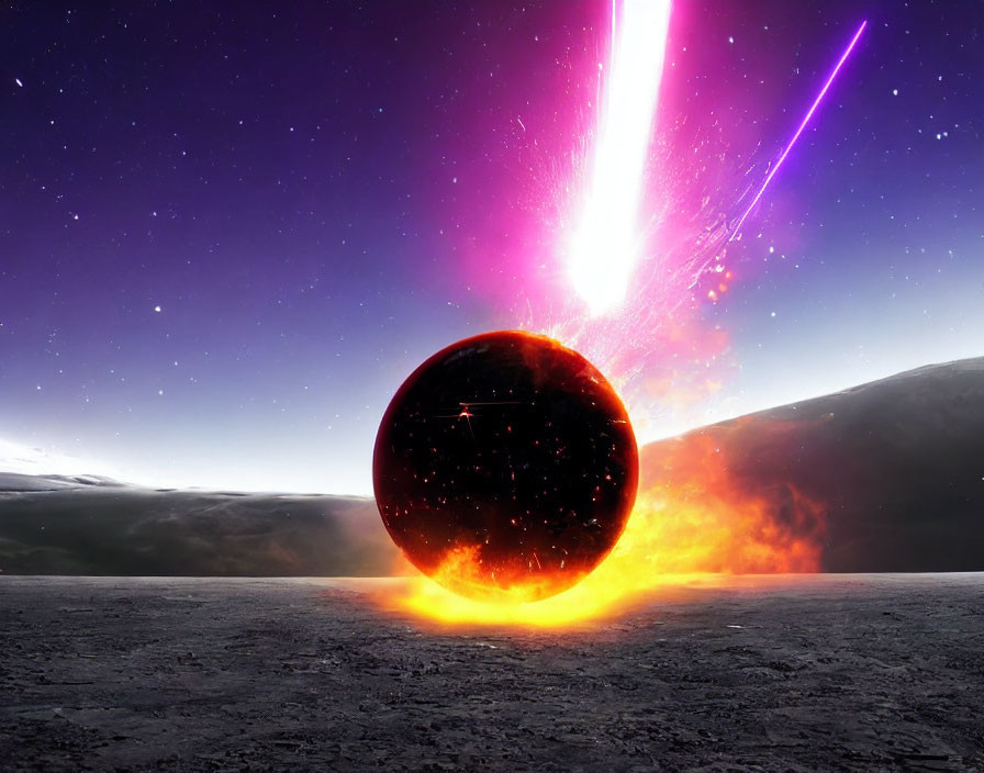 Surreal fiery sphere in desolate landscape under cosmic sky