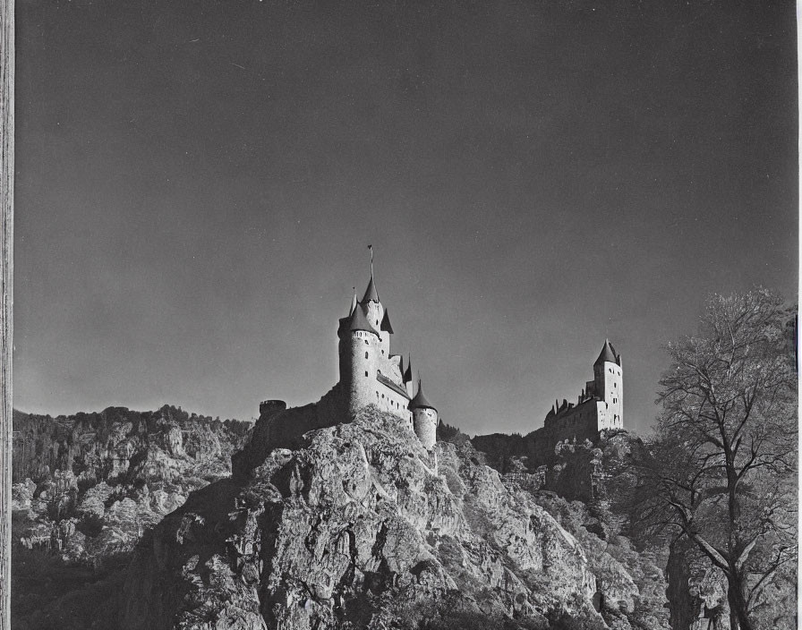 Monochrome photo of medieval castle on rugged cliff with sparse trees.