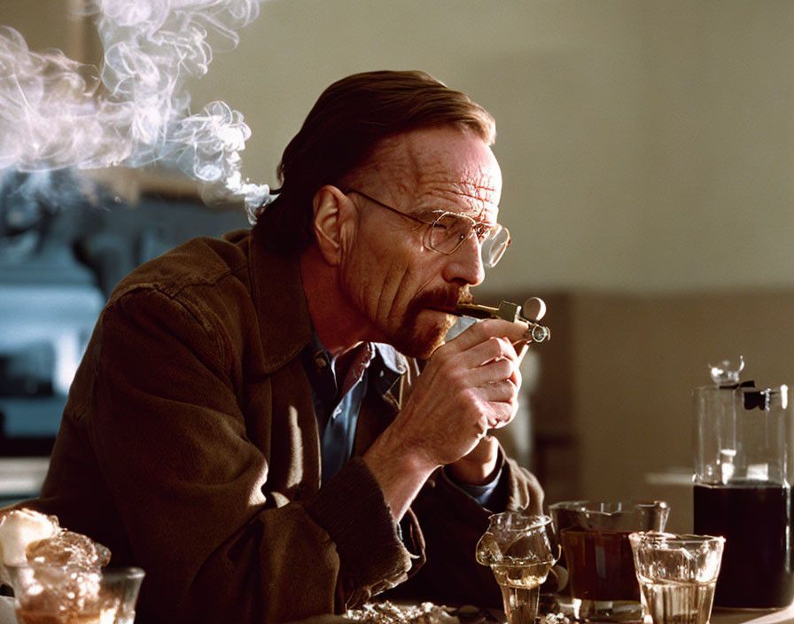 Man with glasses and mustache lighting pipe at table with coffee-making apparatus