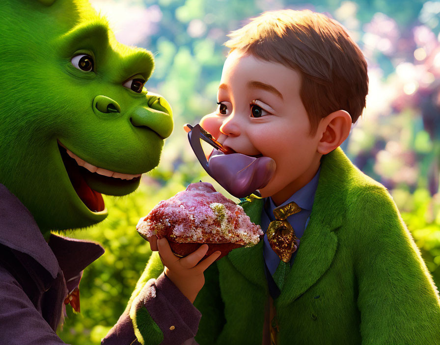 Smiling green furry creature with boy in blue coat and purple-frosted pastry