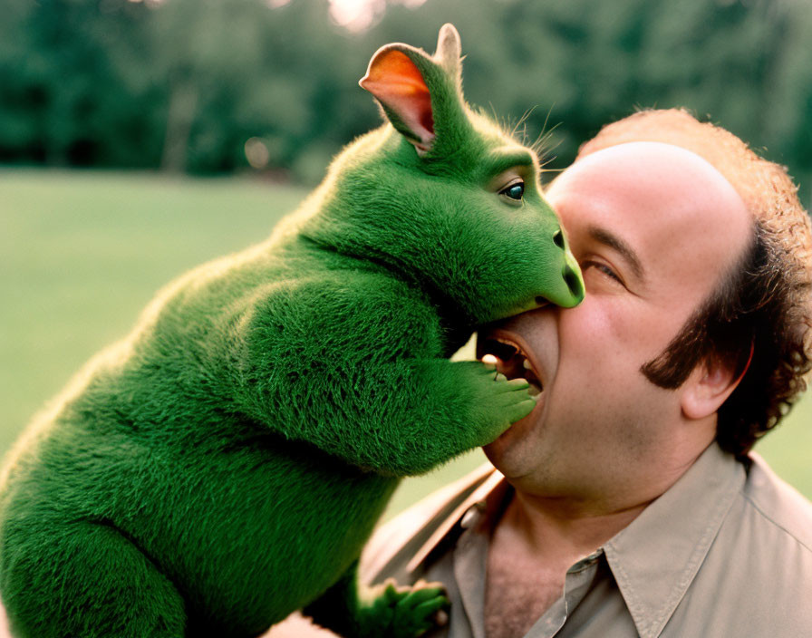 Smiling man with green, long-eared creature nibbling nose outdoors