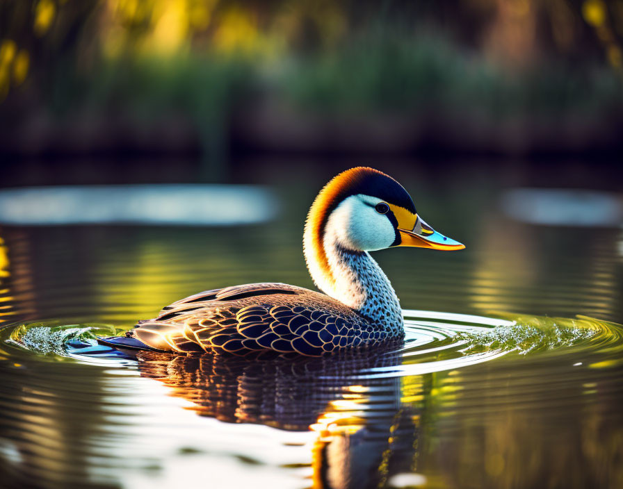 Colorful Duck with Patterned Plumage Swimming on Tranquil Pond