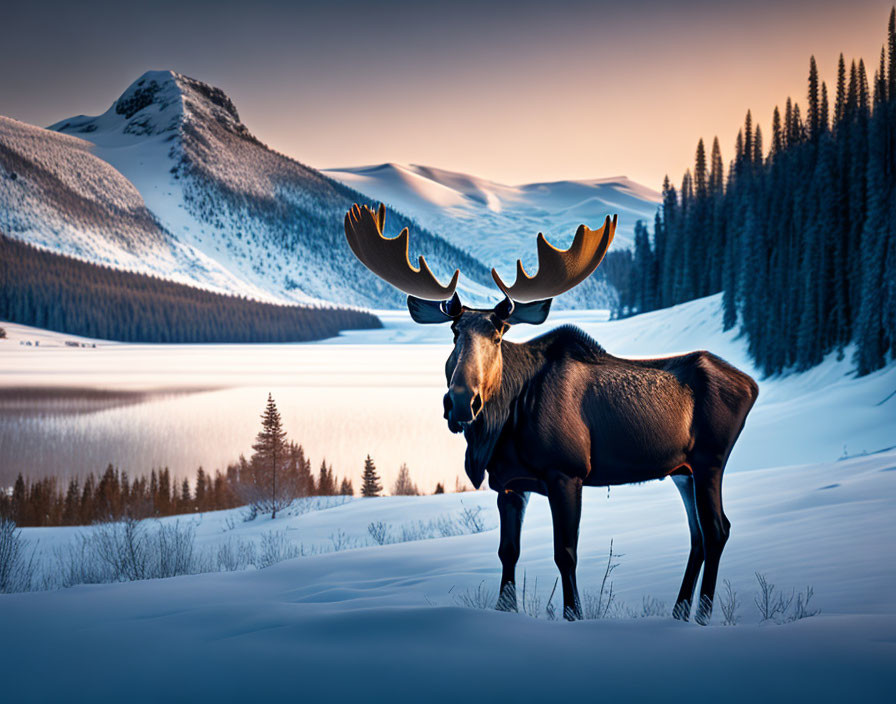 Moose in snowy landscape at twilight with frozen lake and mountain backdrop