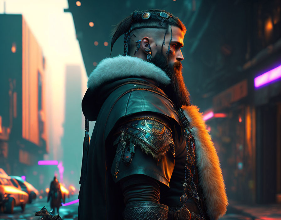 Bearded man in cyberpunk attire with facial piercings in neon-lit cityscape