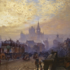 Cityscape with ornate buildings and crowd at dusk