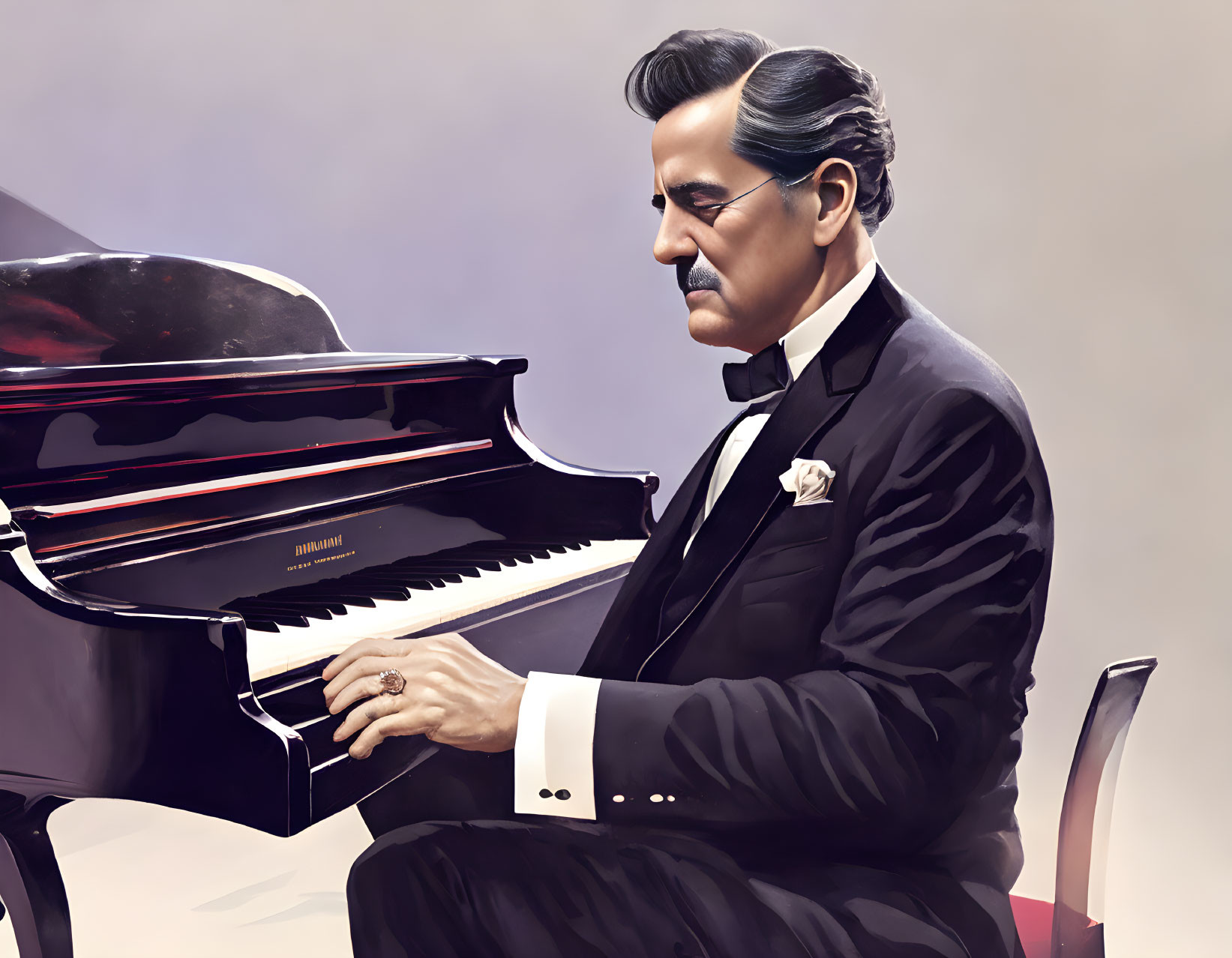 Elegant man in black suit playing grand piano with white flower.