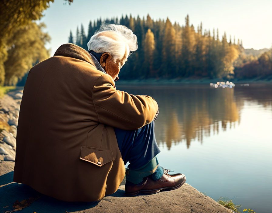 Tranquil lake scene with elderly man and autumn trees