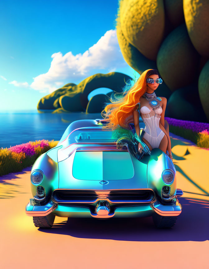 Stylish Woman Sitting on Classic Car at Colorful Beach