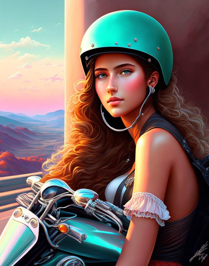 Digital Art: Woman in Teal Helmet on Motorcycle in Desert Sunset