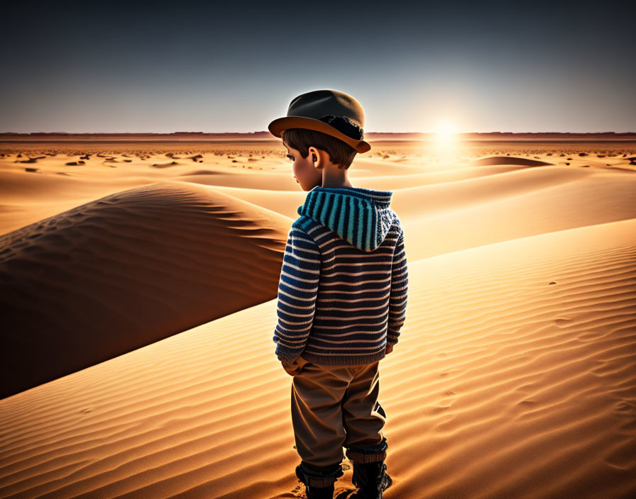 Young boy in hat and striped sweater gazes at setting sun on desert dune