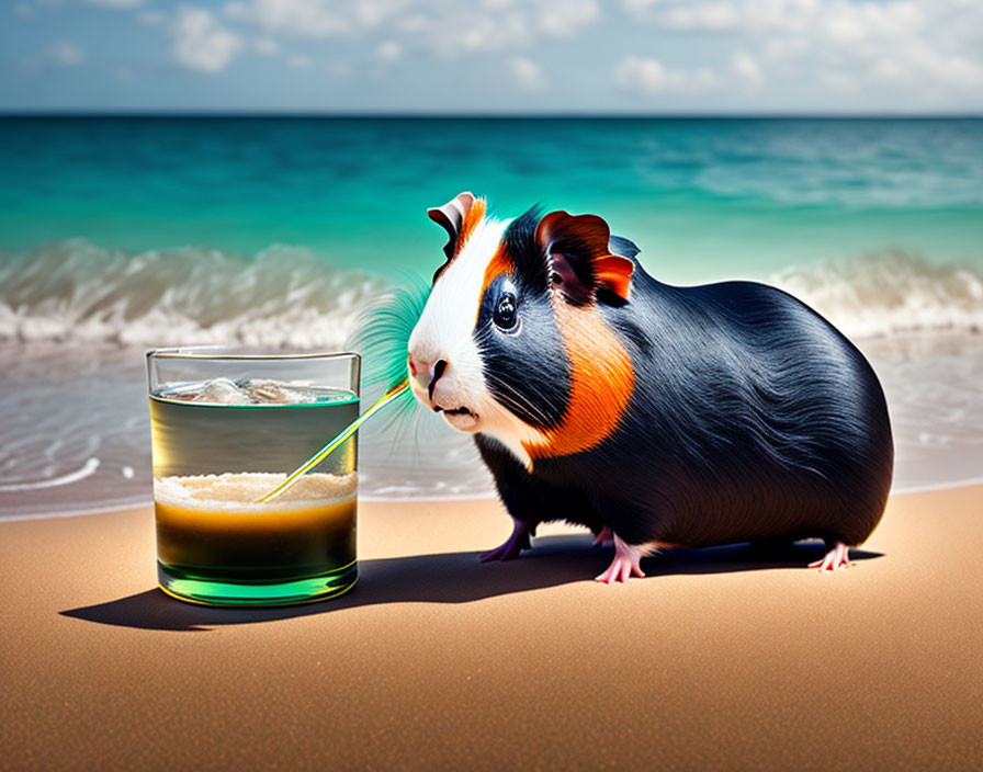 Guinea pig sipping from straw on sandy beach with turquoise sea