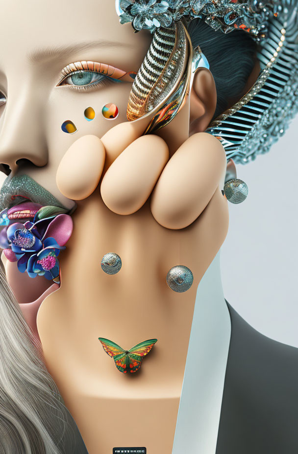 Woman's face with multi-colored eyes and ornate jewelry in surreal digital artwork