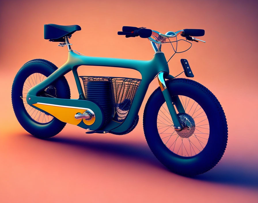 Retro-styled electric bike with teal frame and wire basket in soft purple and orange light