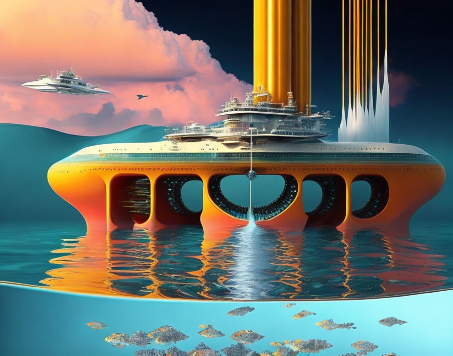 Vivid futuristic floating city with towering structures and flying ships