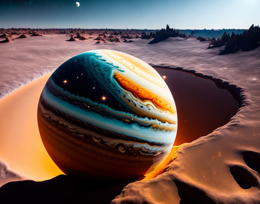 Surreal alien world: giant Jupiter over dark pool & starlit skies