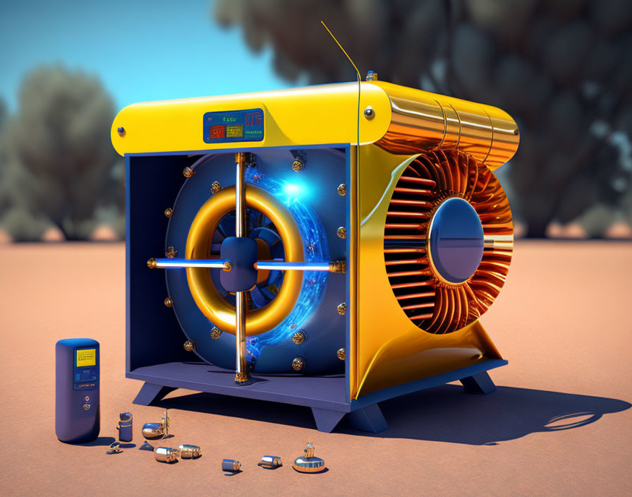 Futuristic blue and gold bank vault illustration with digital display and matching device on desert background