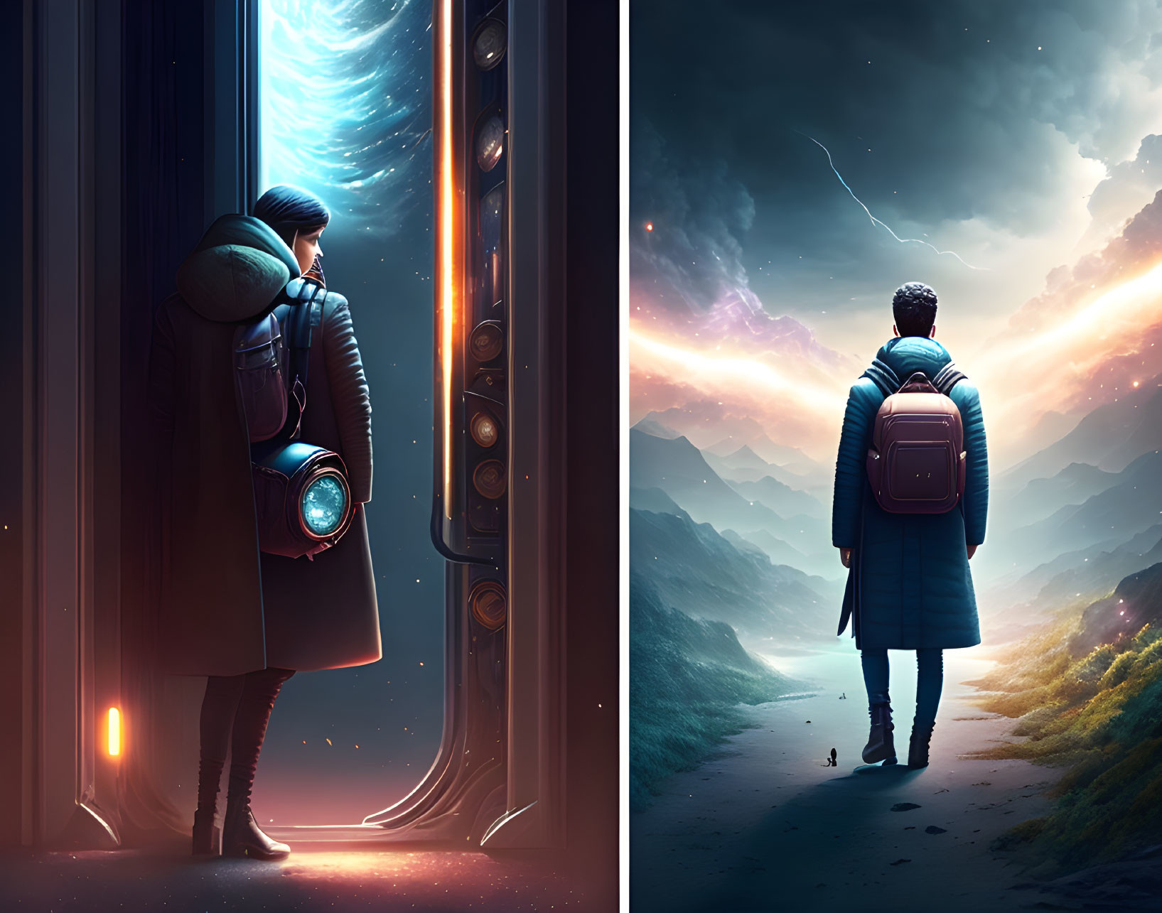 Split image: Person at futuristic door & starlit landscape symbolize sci-fi to nature journey