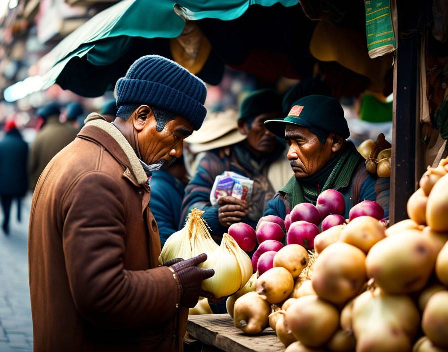 Men at market stall with onions and apples