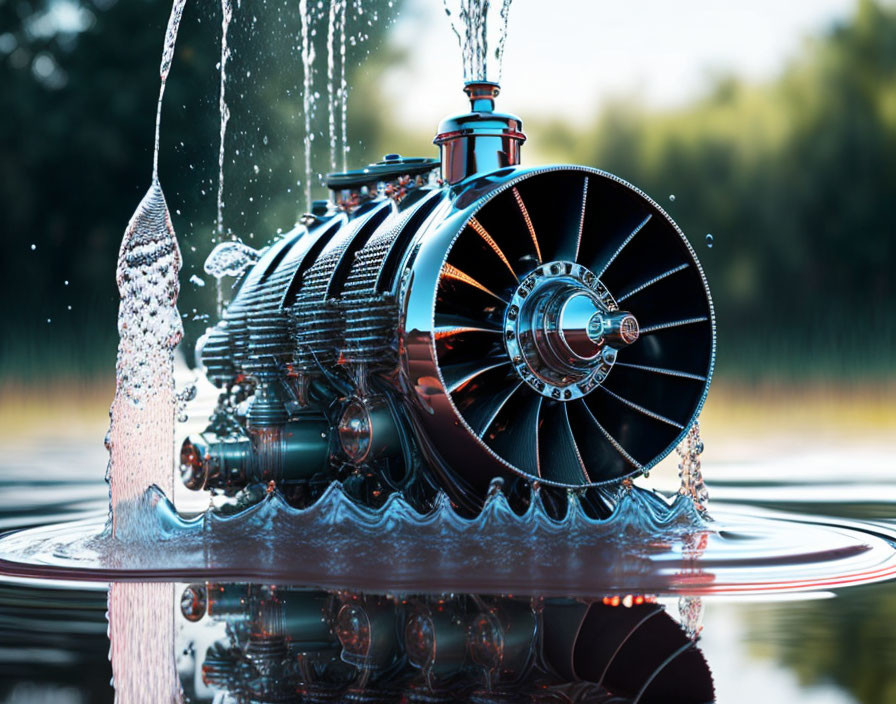 Dynamic water droplets on model jet engine with ripples on reflective surface