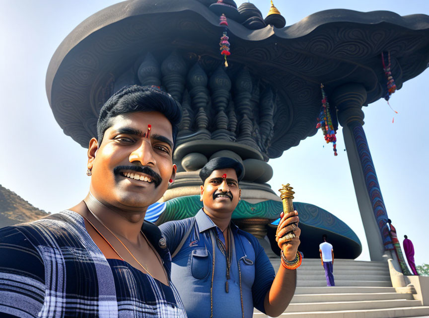 Men posing with snake statue under festive decorations against blue sky