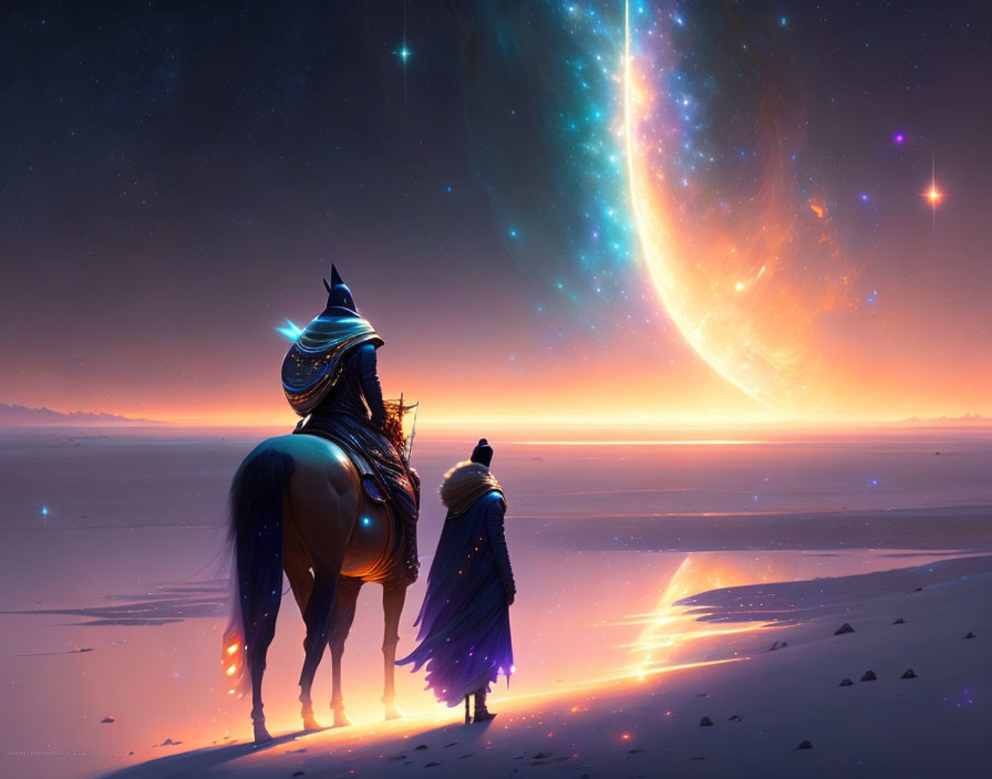 Cloaked Figure and Horse Under Starry Sky with Cosmic Phenomenon