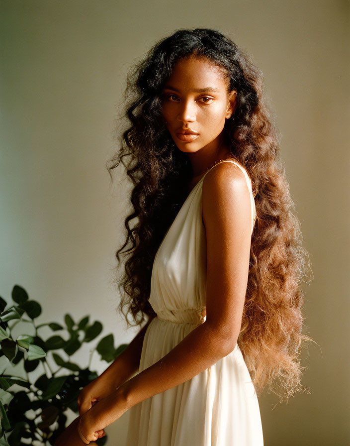 Curly-haired woman in white dress against plant silhouette background