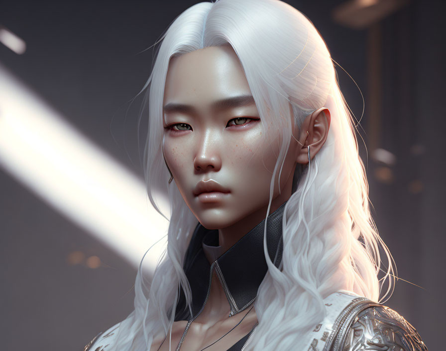 Pale-skinned person with long white hair in black top and silver armor under dramatic lighting.