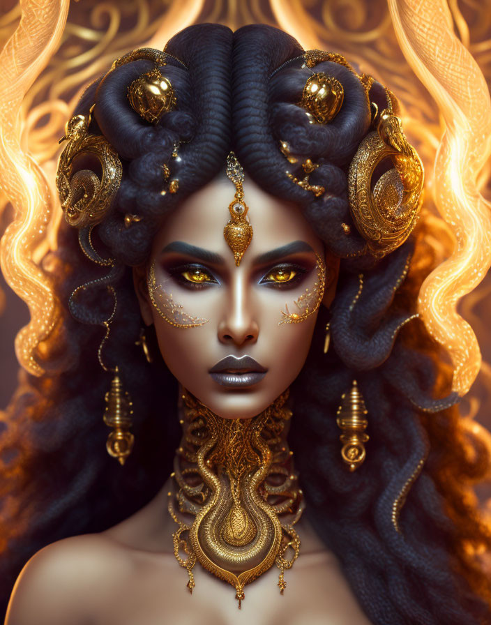 Regal Woman with Gold Jewelry and Dark Hair on Warm Background
