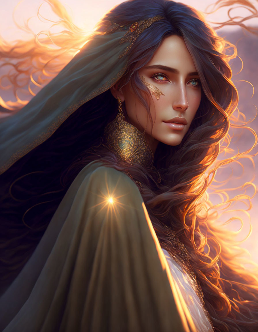 Woman with flowing hair and golden jewelry in mystical digital art