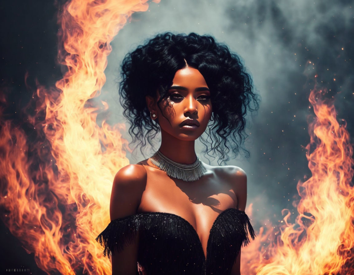 Digital artwork featuring woman with curly hair in black outfit engulfed by flames