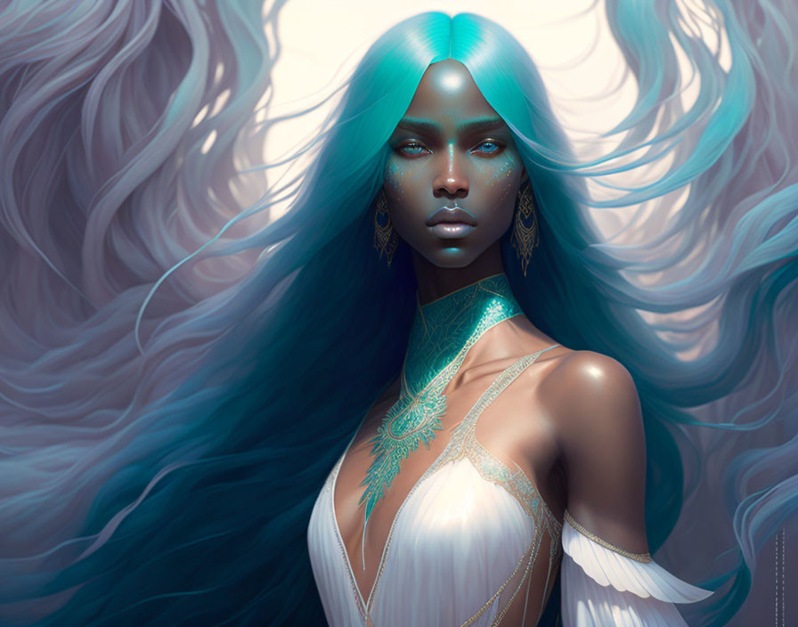 Blue-skinned woman with teal hair in gold jewelry and white outfit