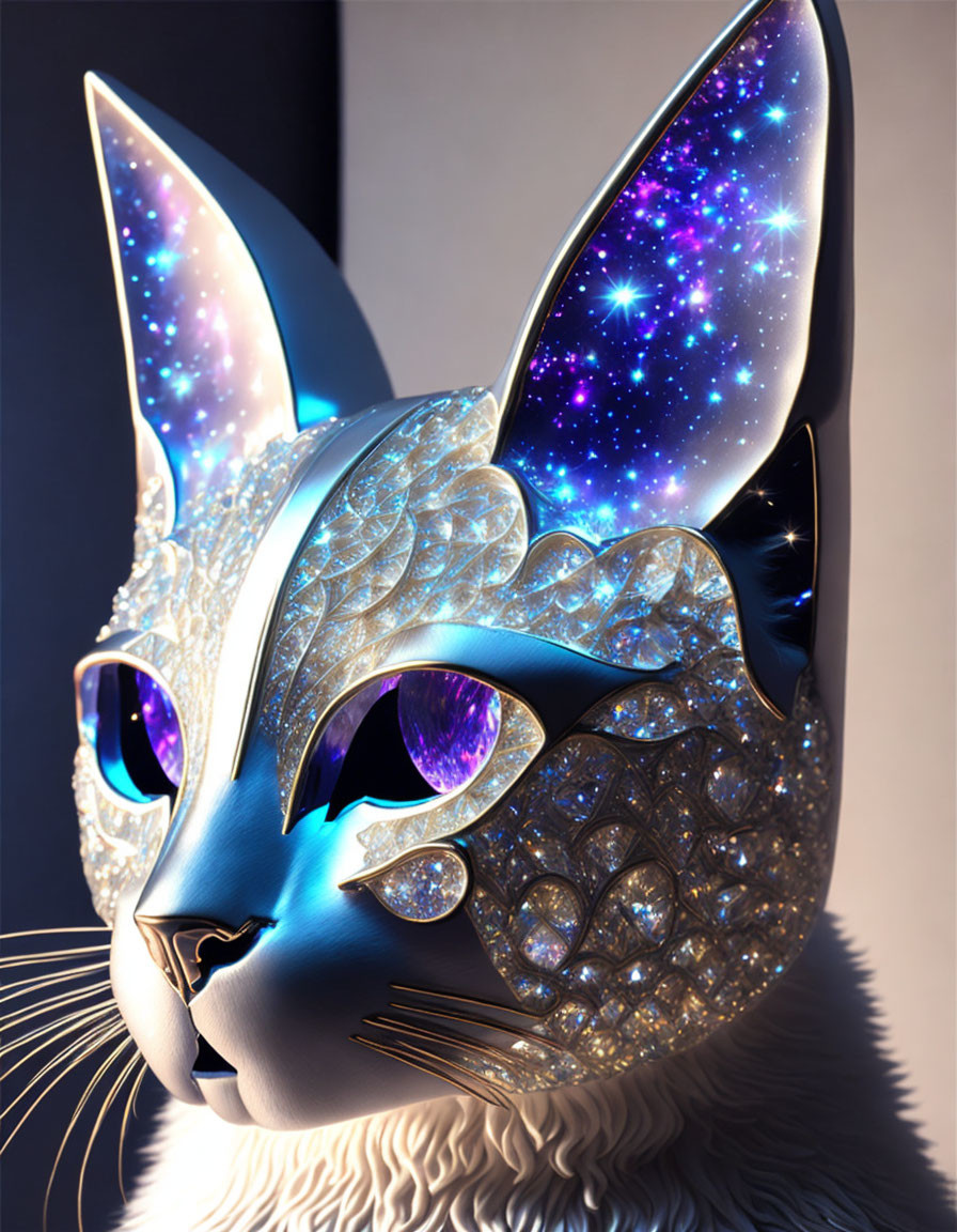 Ornate cat's head digital art with cosmic design and jeweled patterns