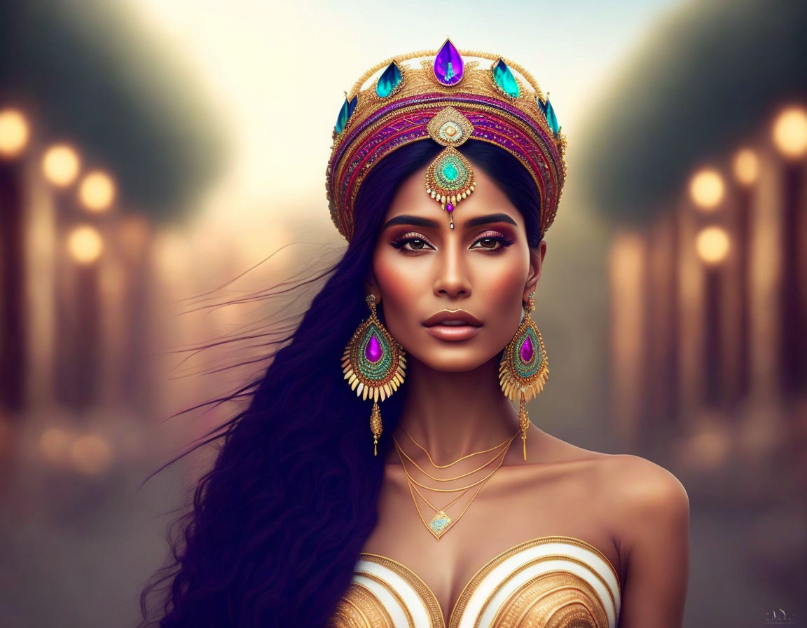 Dark-haired woman in ornate headdress and gold earrings gazes ahead