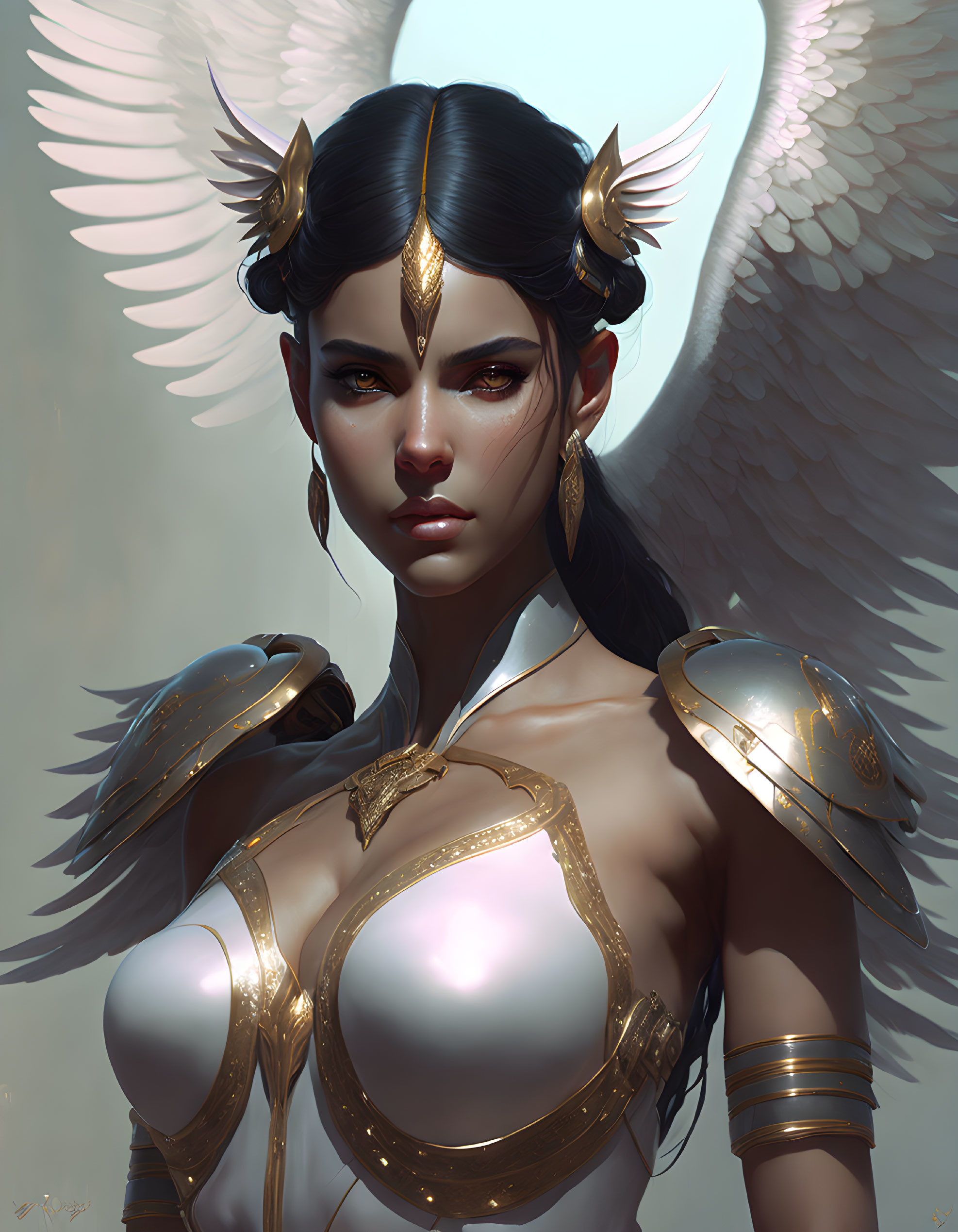 Regal female warrior fantasy illustration with golden armor and white wings.