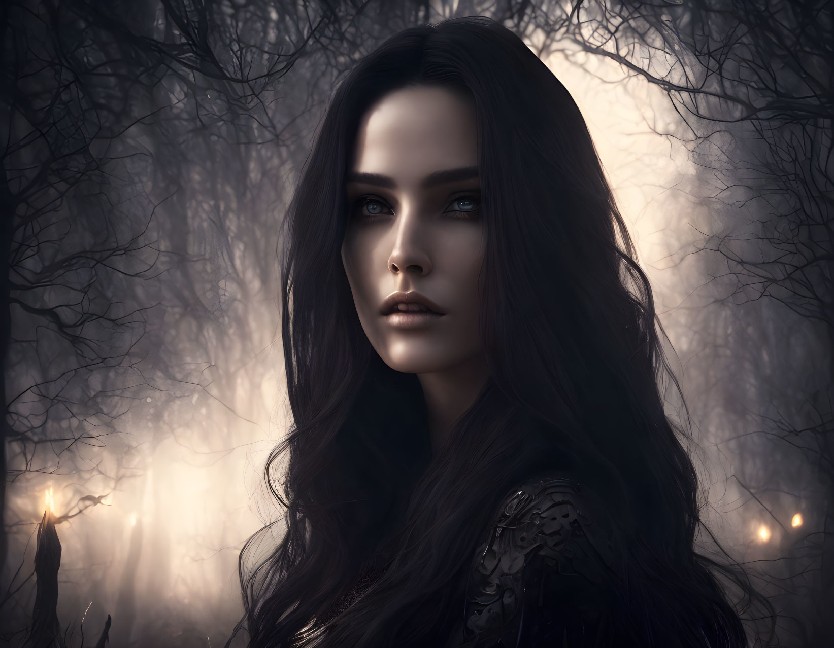 Woman with Dark Hair and Blue Eyes in Enchanted Forest Portrait