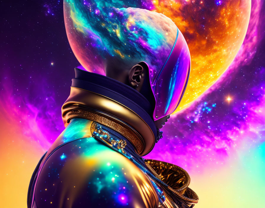 Digital artwork featuring figure in cosmic helmet and armor amid swirling galaxies
