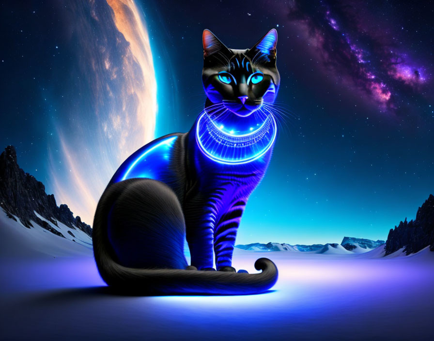 Cosmic-themed cat digital artwork with neon blue stripes on snowy landscape