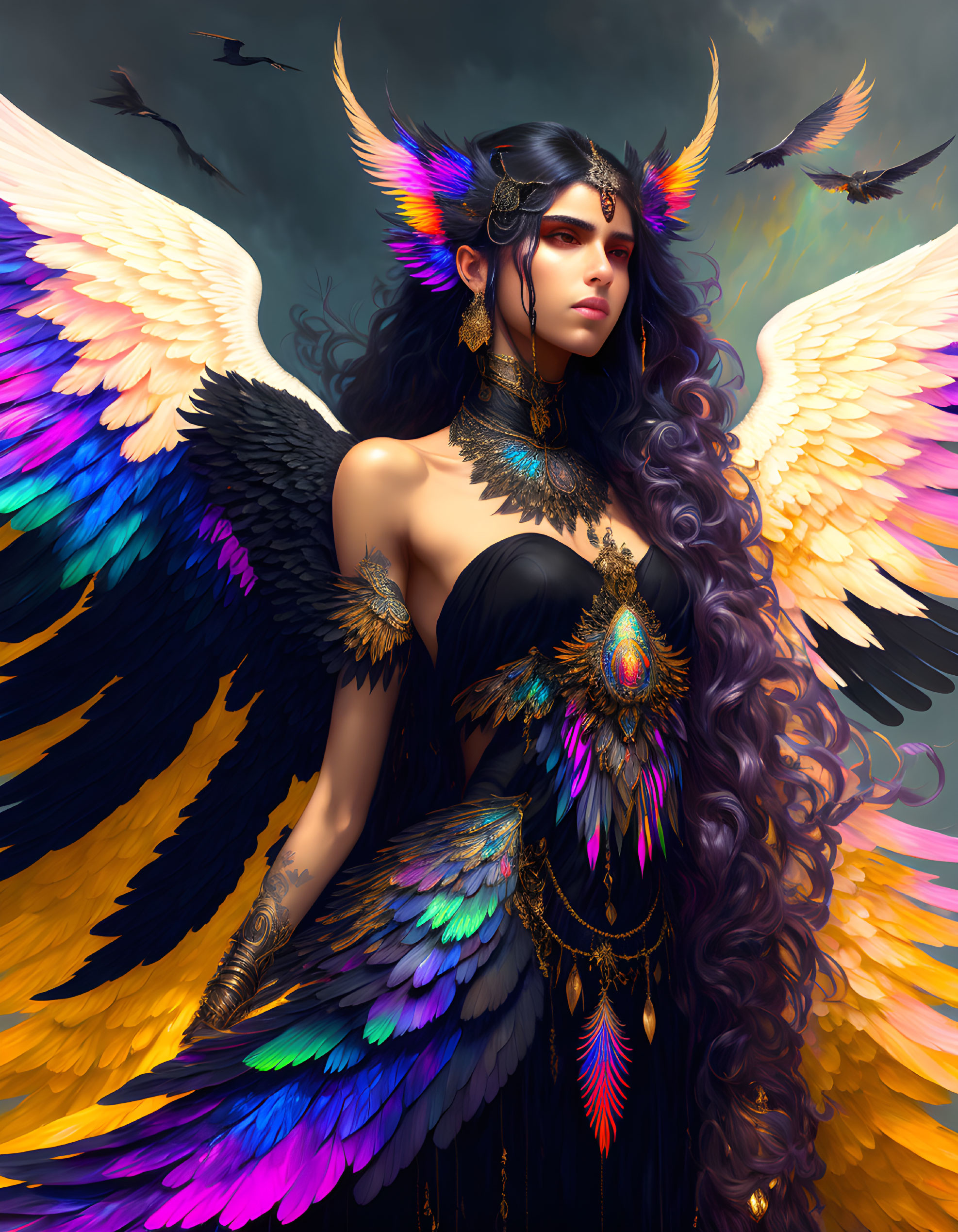 Majestic woman with purple hair and multicolored wings in ornate attire under stormy sky