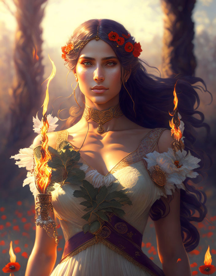 Ethereal woman with fiery flower crown among orange blooms