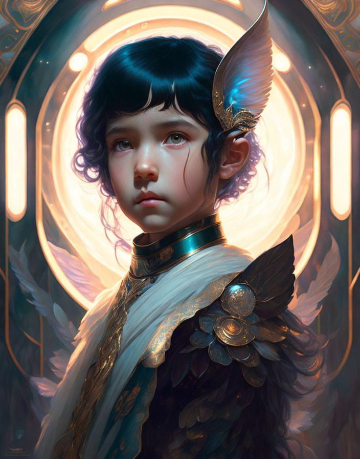 Child with winged ears and metallic armor in digital art