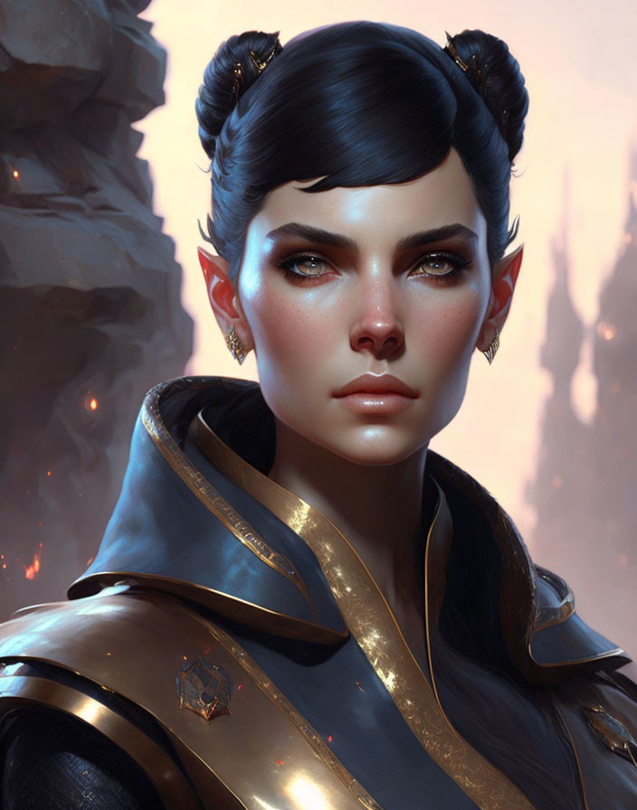 Fantasy character with pointed ears, twin buns, blue armor & intense eyes