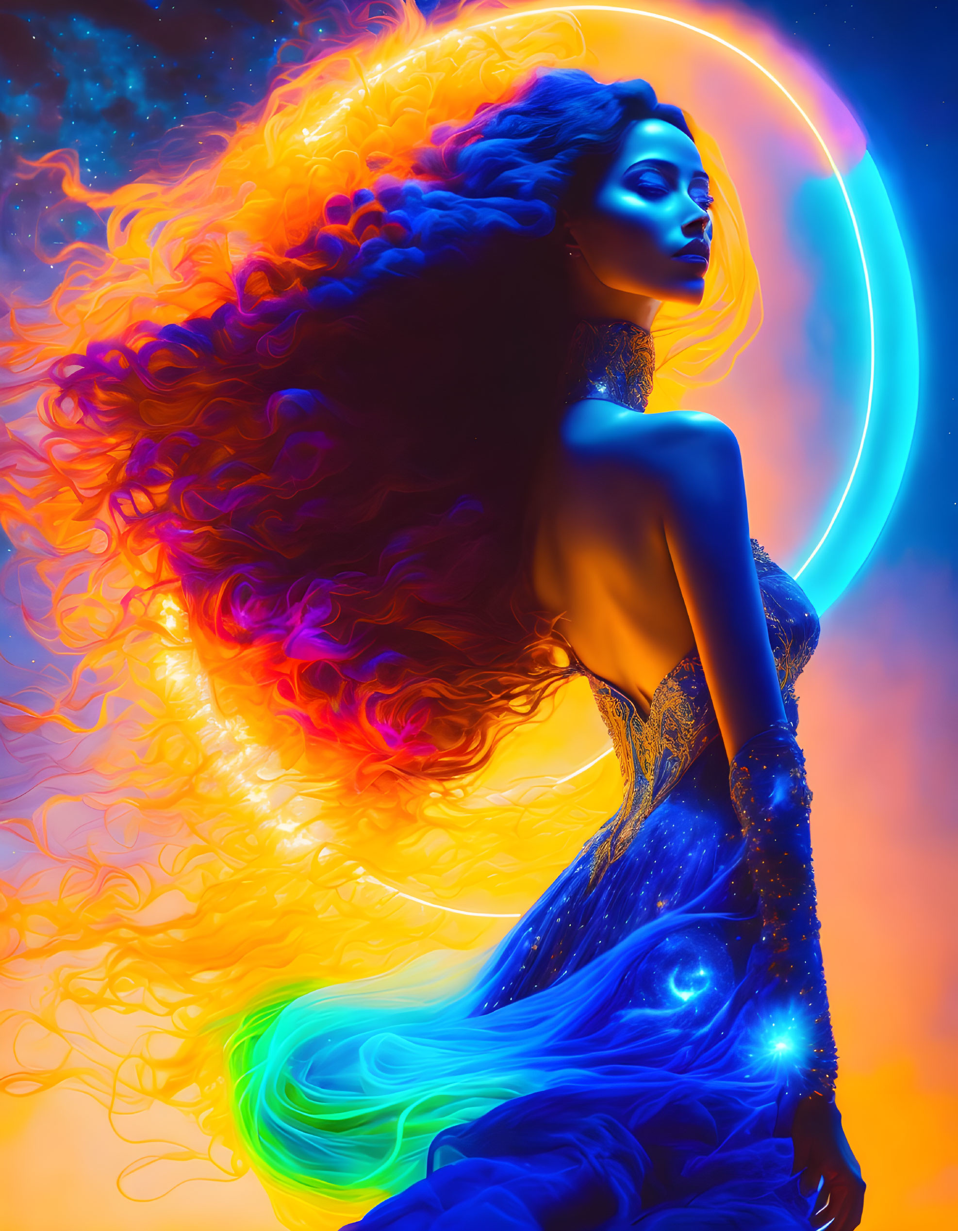 Vibrant digital artwork: Woman with fiery red hair in blue dress against nebula background